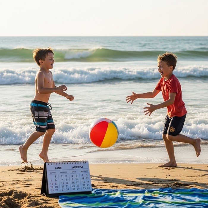 Two cartoon children playing at a sunny beach with a beach ball, a calendar showing June, July, and August pages.