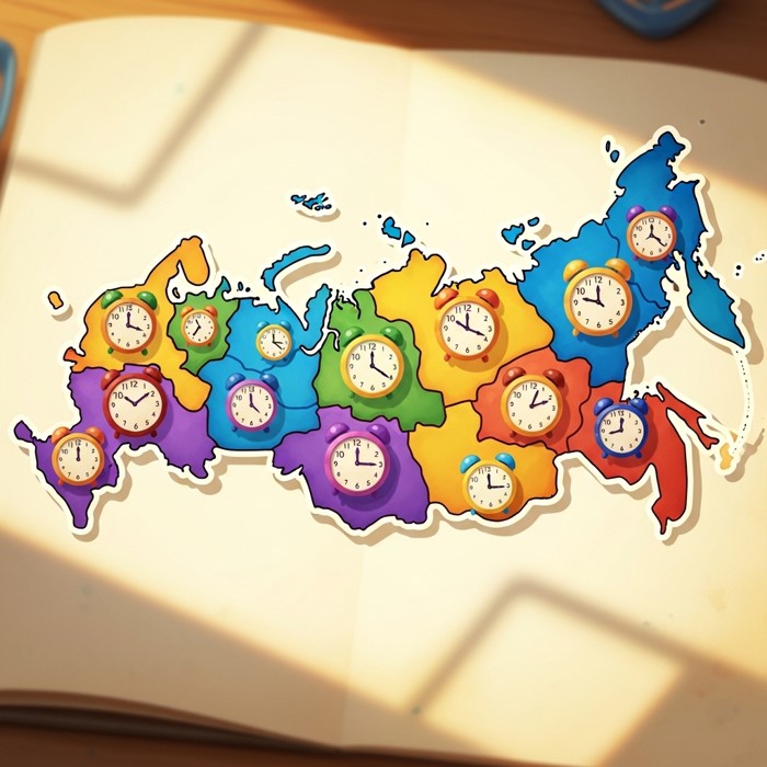 A cartoon map of Russia divided into many colorful sections, each labeled with a different clock showing a different time.