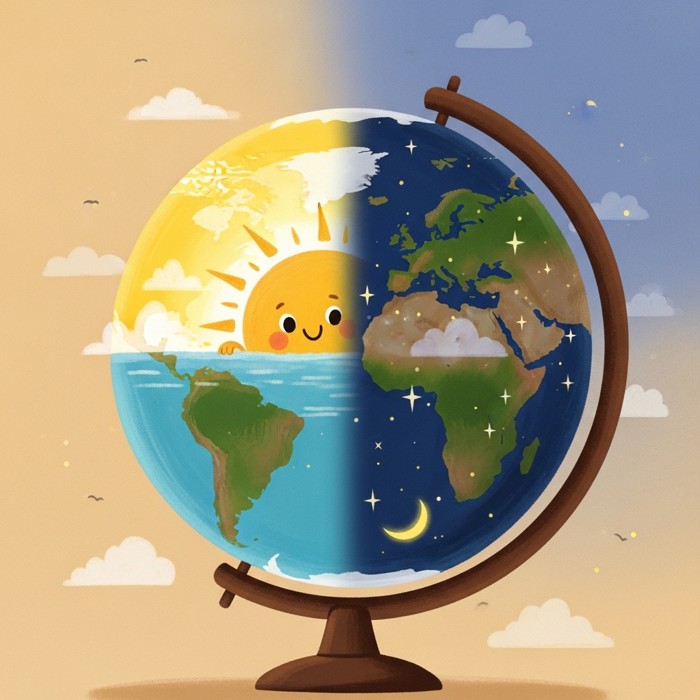 A cartoon sun peeking over one half of the globe while the other half stays dark, showing day and night at once.