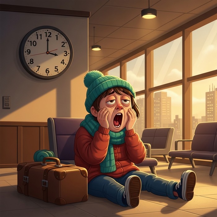 A tired cartoon traveler yawning at an airport with heavy eyes, suitcase beside them, a big clock on the wall.