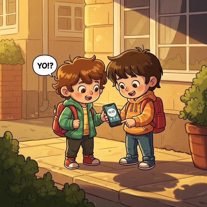 A cartoon child asking a friend on the sidewalk, both looking together at a smartphone showing the time.