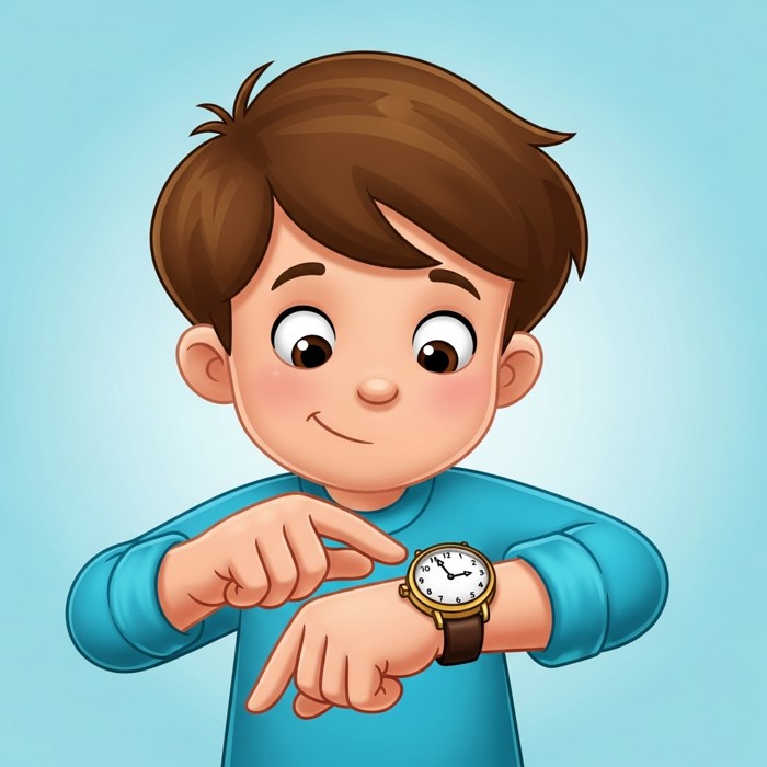 A cartoon child looking closely at a big round wristwatch on their wrist, checking the time with a curious smile.