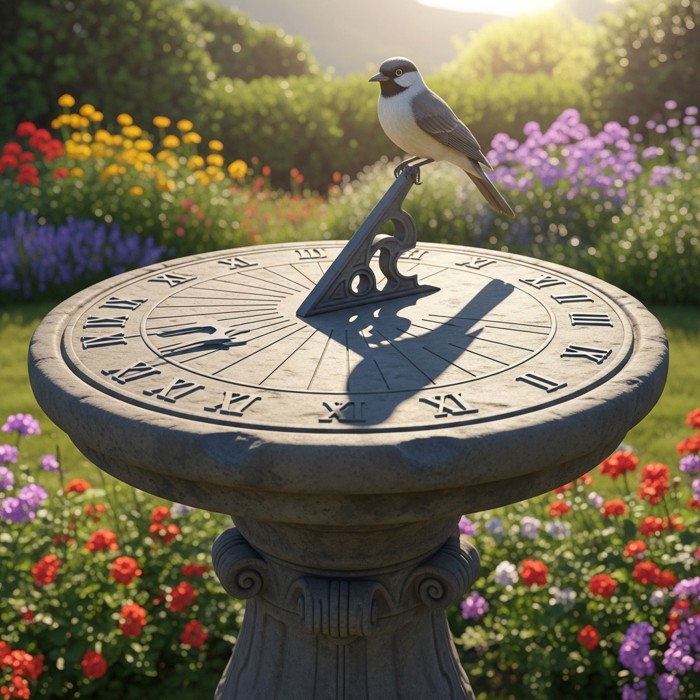 An ancient stone sundial in a sunny garden, its shadow clearly pointing to a carved hour mark.