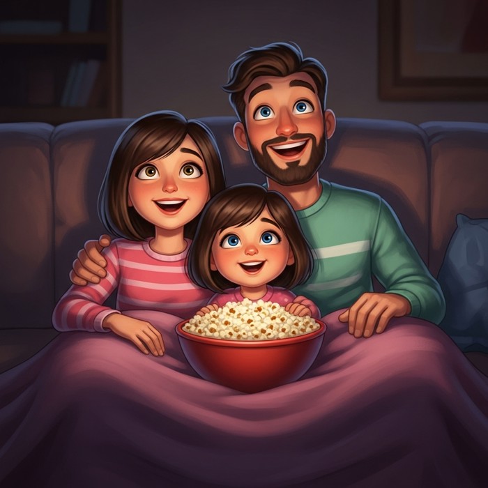 A happy cartoon family sitting close together on a couch with a big popcorn bowl, eyes wide and excited, watching a glowing movie screen.