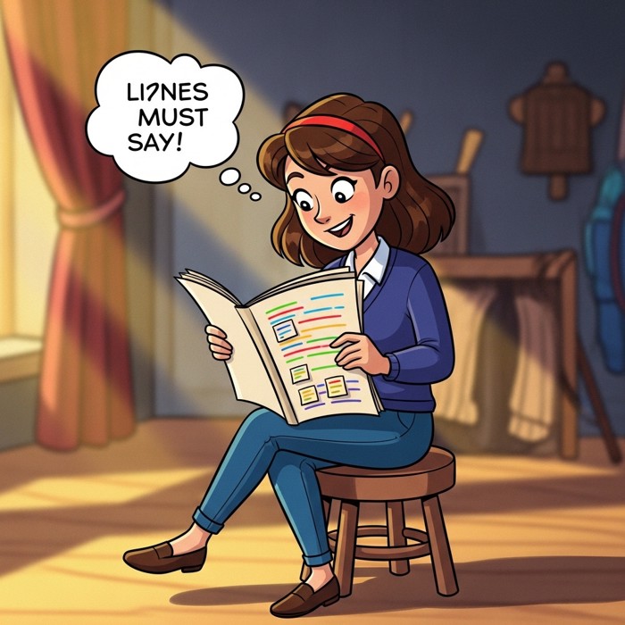 A cartoon actor sitting on a stool reading a colorful script, a thought bubble above her head showing the lines she must say.