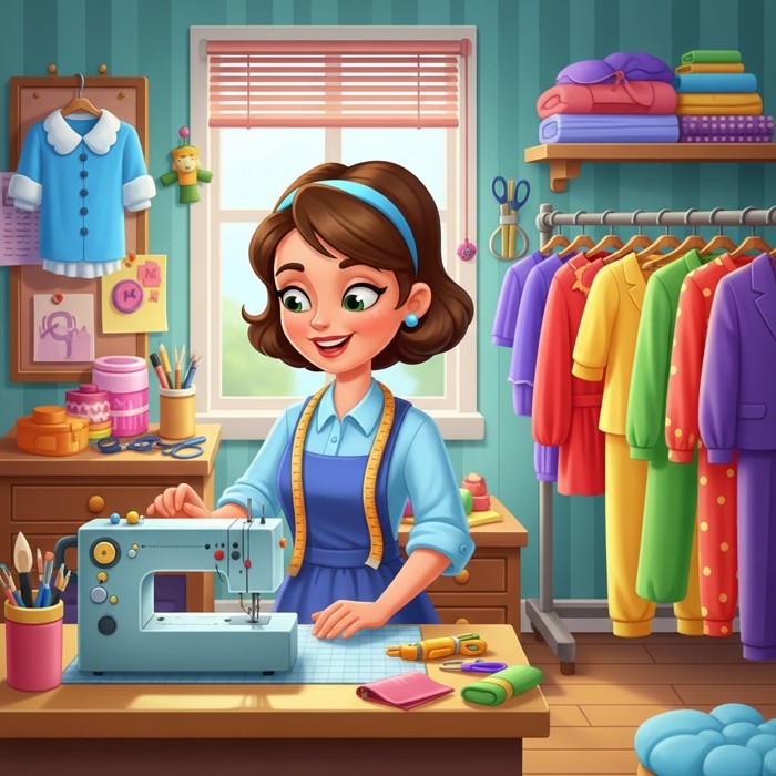 A cartoon costume maker cheerfully sewing bright, colorful costumes on a rack, a measuring tape around her neck in a busy sewing room.