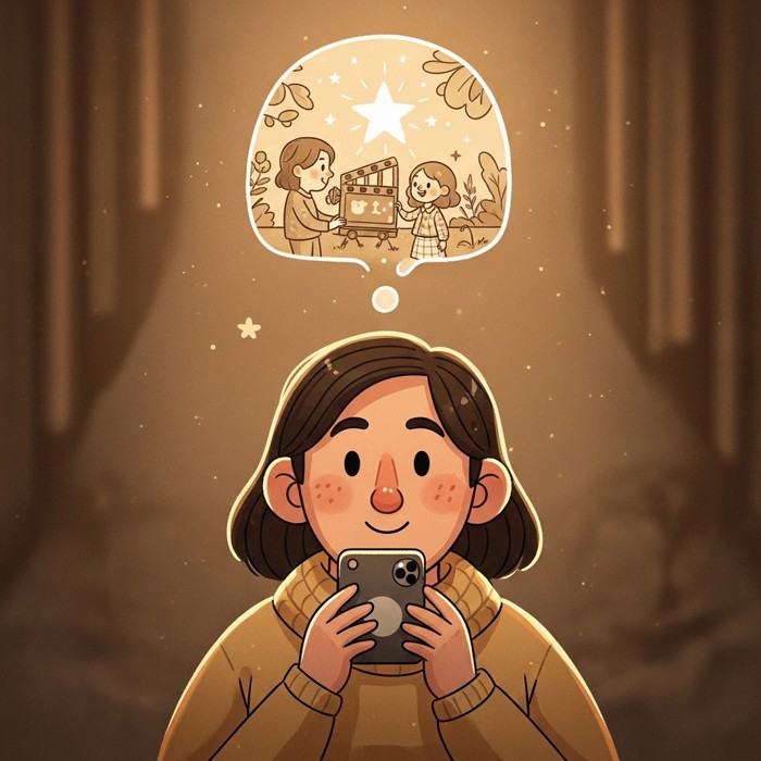 A cartoon adult remembering a childhood movie lesson, glowing softly like a guiding star above them.