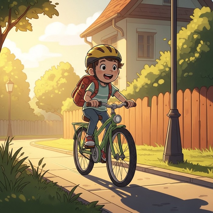 A cartoon child happily riding a bicycle down a sunny sidewalk toward school, backpack on, helmet secured.