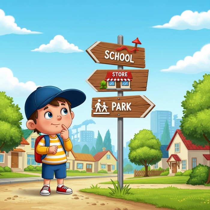 A cartoon child standing at a signpost with arrows pointing to school, store, and park, thoughtful smile, sunny neighborhood.