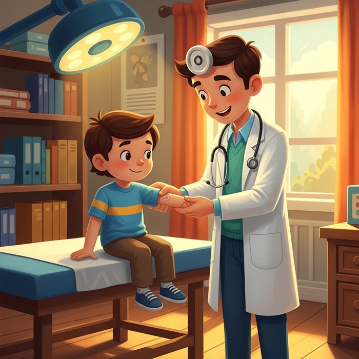 A cartoon child sitting on an exam table in a bright clinic room, a friendly doctor checking their arm with a smile.
