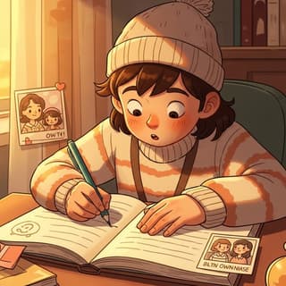 A student writing in a journal about a lesson, a small photo of their own family tucked into the corner of the page