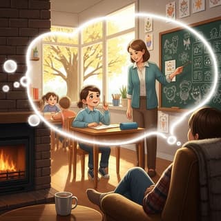 An adult years later recalling a childhood classroom story, a faint glowing memory cloud above their head showing their younger self and teacher