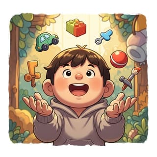 A cartoon child juggling many small toys and tools with both hands, cheerful colorful background.